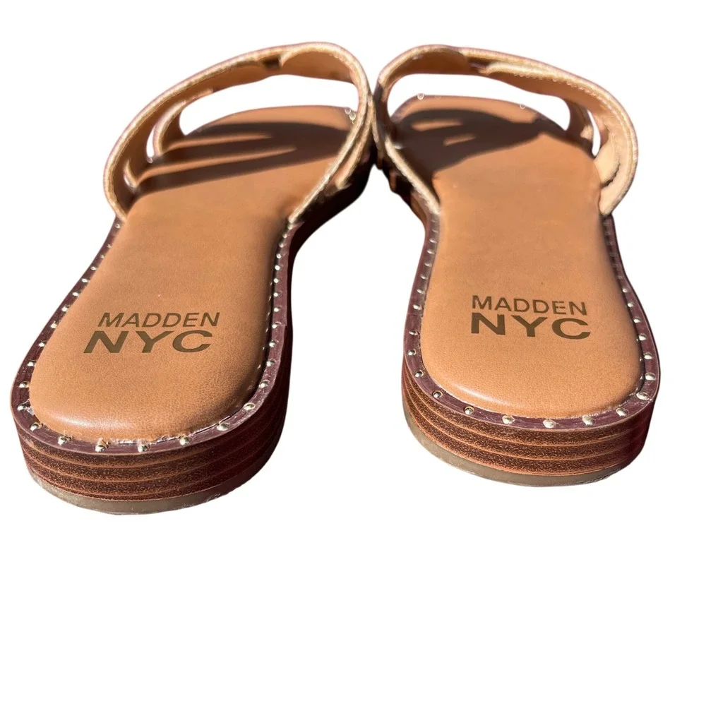 Den NYC Women's Sz 9.5 Selina H-Band Flat Slip-On Sandals Raffia/Camel - Picture 3 of 8